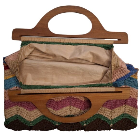 Vintage Boho Hand Crocheted Tote Purse Bag With Wood Handles 12"x12" Excellent - Picture 2 of 5